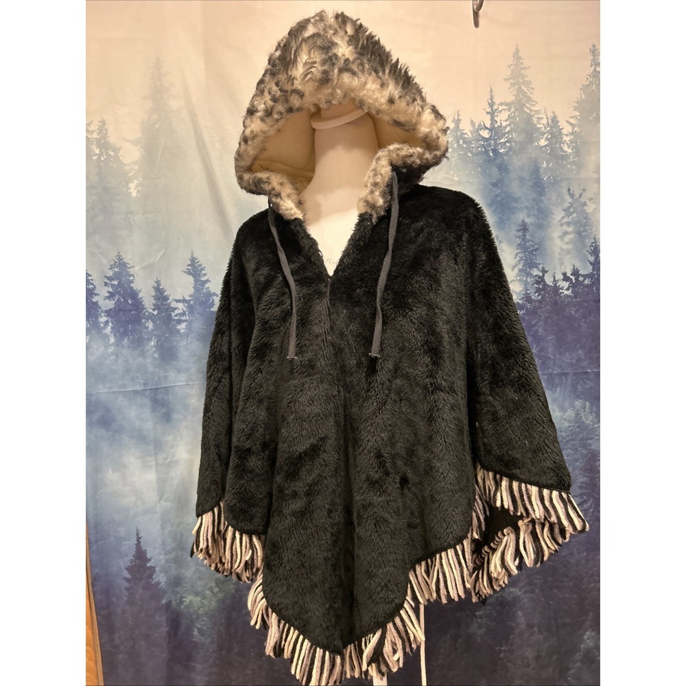 Vintage Retro 60's Faux Fur Trim Kimono Poncho One Size